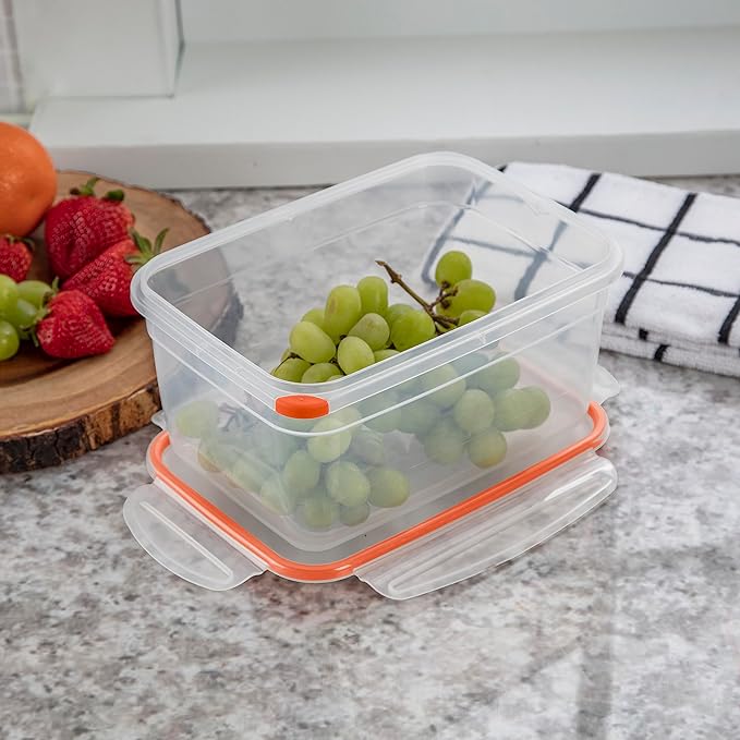 Sterilite Ultra-Seal 12 Cup Rectangle, Airtight Food Storage Container, Latching Lid, Microwave and Dishwasher Safe, Clear With Orange Gasket, 6-Pack