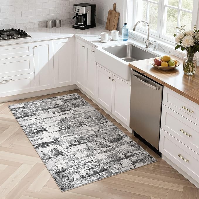 Hallway Washable Runner Rug: 3x5 Abstract Modern Soft Stain Resistant Non-Slip Backing Runner for for Entryway Kitchen Laundry Living Bathroom - Black Grey