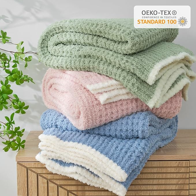 Snuggle Sac Blue Waffle Bedding Blankets Queen Size 90x90 inches, Reversible Microfiber Fluffy Fuzzy Soft Throw Cozy Knit Blanket for Women Mothers Birthday Gifts