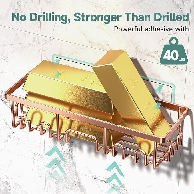 Veken Shower Caddy 6-Pack, No Drilling & Rustproof, Waterproof Adhesive Shelves Rack with Soap Holder, Large Capacity Bathroom Organizers and Storage, Wall-Mounted Kitchen & Home Decor, Rose Gold