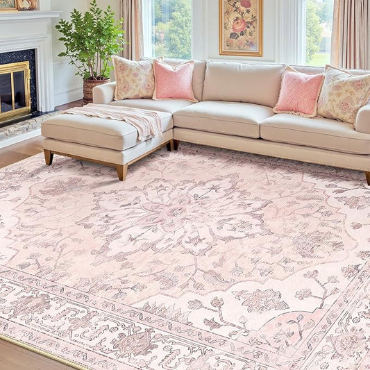 RELEANY Area Rugs 7'x9' Washable Non-Slip, Floral Vintage Distress Print Pattern Medallion Carpet for Living Room Bedroom Dining Room, Pink Greypink Cute