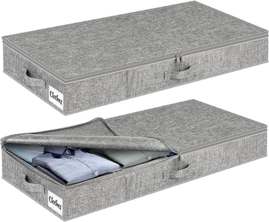 Under Bed Storage Container Bins 2 Pack, 4.5 Inch Slim Low Profile Underbed Clothes Storage Organizer for Dorm & Home, Use for Blanket and Toy Storage Box W/ Sturdy Bottom/Sides, Foldable Thick Fabric