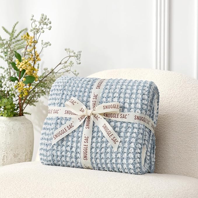 Snuggle Sac Ultra Soft Waffle Throw Blanket for Couch Bed Sofa 50x60 inches, Reversible Blue Cream Blanket Microfiber Fluffy Fuzzy Cozy Knit Soft Throws Birthday Gifts for Women