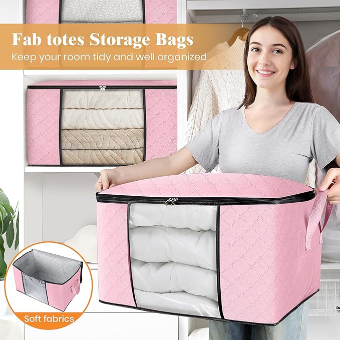 Fab totes 3 Pack Clothes Storage, Foldable Thick Fabric Blanket Storage Bags, Containers for Organizing Bedroom, Closet, Clothing, Comforter, Organization with Handle,Pink