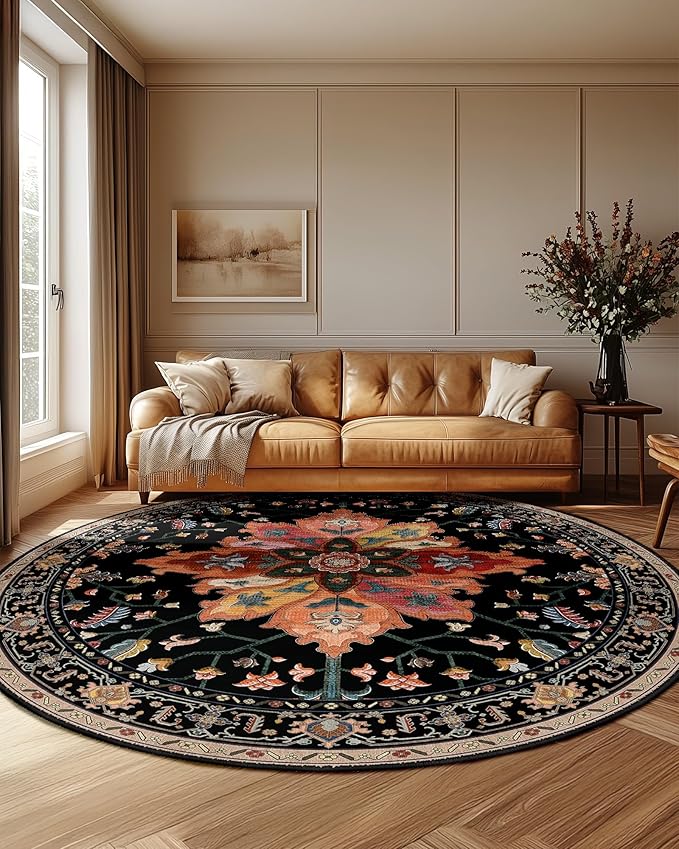 RELEANY Area Rugs 8ft Washable Non-Slip, Floral Vintage Distress Print Pattern Medallion Carpet for Living Room Bedroom Dining Room, Black Colorful Floral Dark Tan