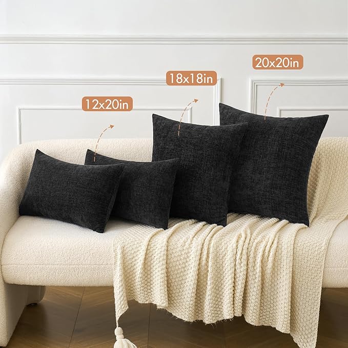 MIULEE Halloween Pack of 2 Couch Throw Pillow Covers 20x20 Inch Soft Black Chenille Pillow Covers for Sofa Living Room Solid Dyed Pillow Cases