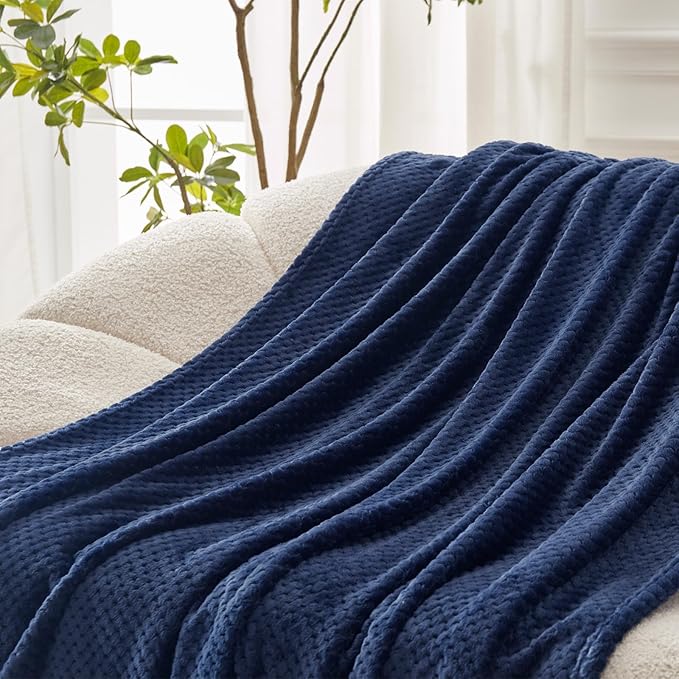Exclusivo Mezcla Fleece Throw Blanket Extra Large, Super Soft and Warm Blankets for Couch, Sofa and Bed Waffle Textured, Cozy, Fuzzy and Lightweight (Navy Blue, 50x70 Inches)