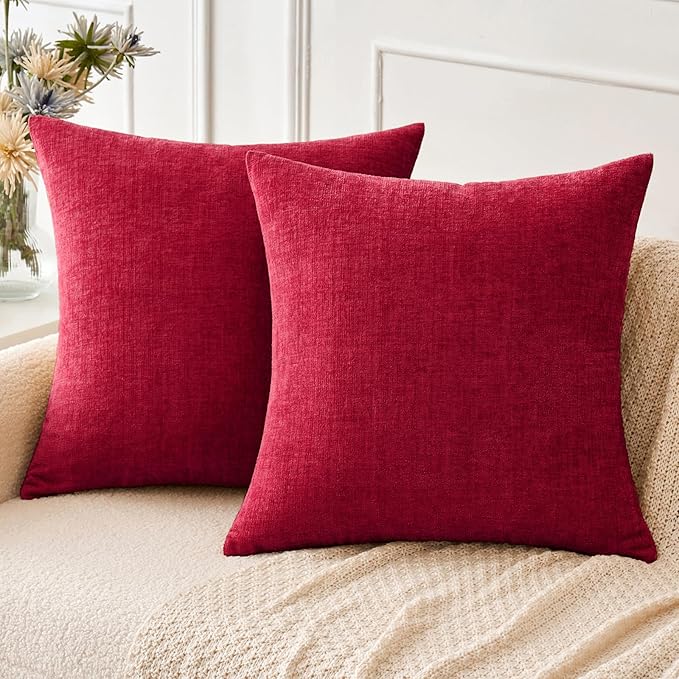 MIULEE Pack of 2 Christmas Red Couch Throw Pillow Covers 16x16 Inch Soft Chenille Pillow Covers for Sofa Living Room Solid Dyed Pillow Cases