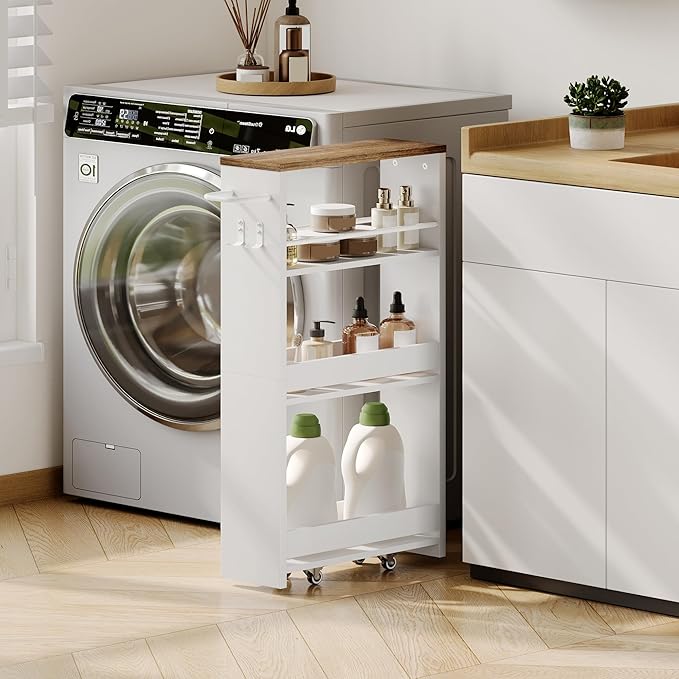 ChooChoo 4-Tier Slim Storage Cart with Handle, 5.51" W Rolling Utility Cart on Universal Wheels, Kitchen Cart Mobile Shelving Organization for Laundry Room, Bathroom & Narrow Place (Walnut & White)