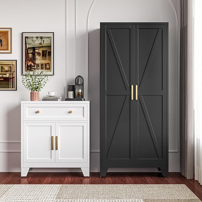 71" Storage Cabinet with Doors and Shelves, Tall Freestanding Pantry Cabinet in Black with 2 Doors & 4 Adjustable Shelves, All-Steel Farmhouse Cupboard for Kitchen, Garage, Laundry Room