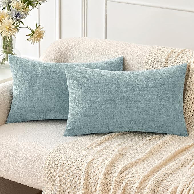 MIULEE Pack of 2 Light Blue Throw Pillow Covers 12x20 Inch Soft Chenille Pillow Covers for Sofa Living Room Spring Home Decor Couch Solid Dyed Cases