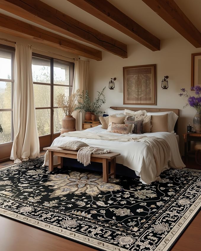 RELEANY Area Rugs 9'x12' Washable Non-Slip, Floral Vintage Distress Print Pattern Medallion Carpet for Living Room Bedroom Dining Room, Black Brown Neutral Dark Tan