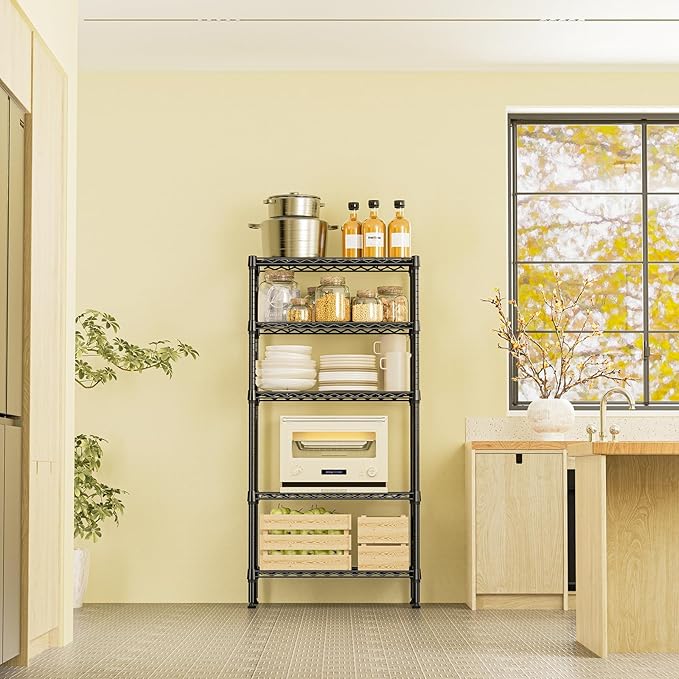 IZEUK 5 Tier Black Metal Storage Shelves, Heavy Duty Wire Shelving Rack for Garage, Kitchen, Bathroom, Laundry, Closet Organizer, 1250 lbs Capacity, 11.8" D x 29.5" W x 59.5" H