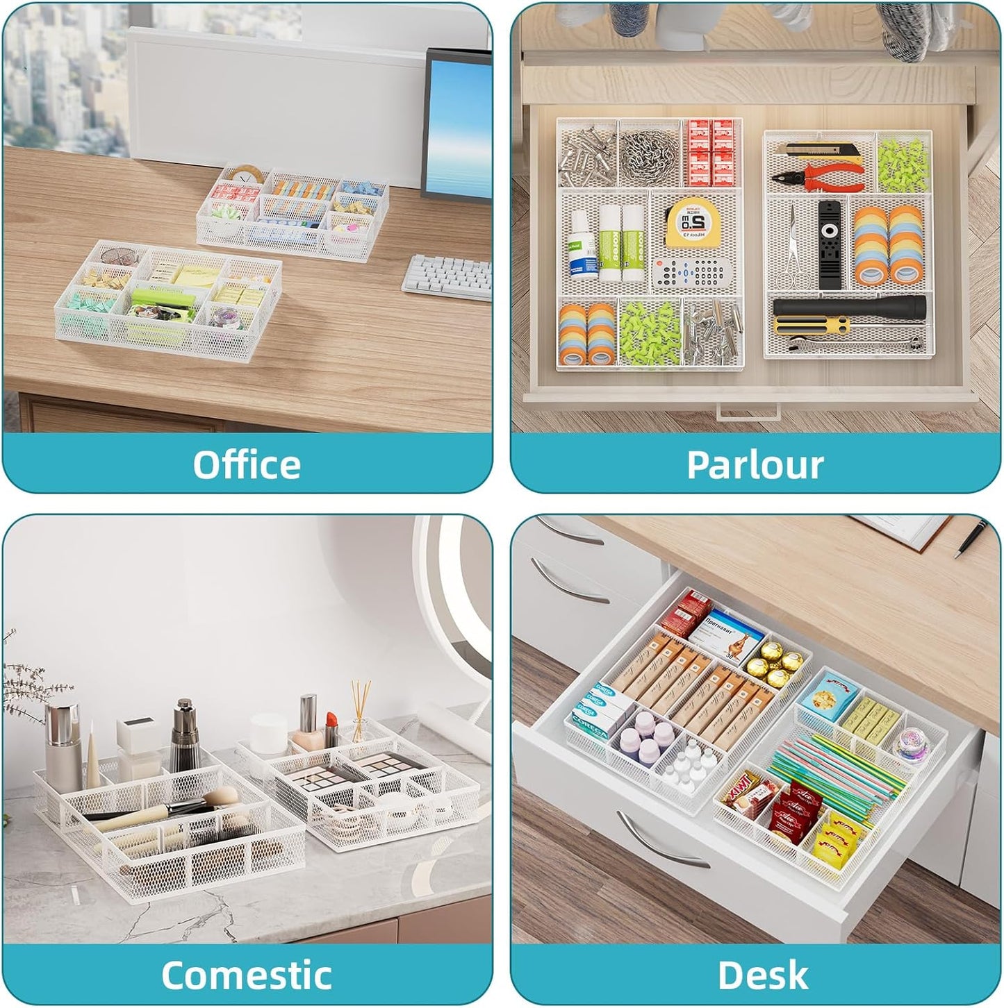 Marbrasse 2 Pack Desk Drawer Organizer, Mesh Drawer Organizer Tray with 8 Adjustable Compartments, Desk Organizers and Accessories, 5 Dividers for Office Supplies, Makeup & Vanity (White)