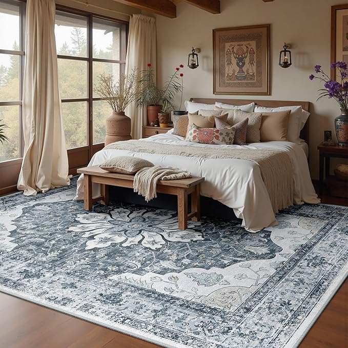 RELEANY Area Rugs 6'x8' Washable Non-Slip, Floral Vintage Distress Print Pattern Medallion Carpet for Living Room Bedroom Dining Room, Light Gray Grey White