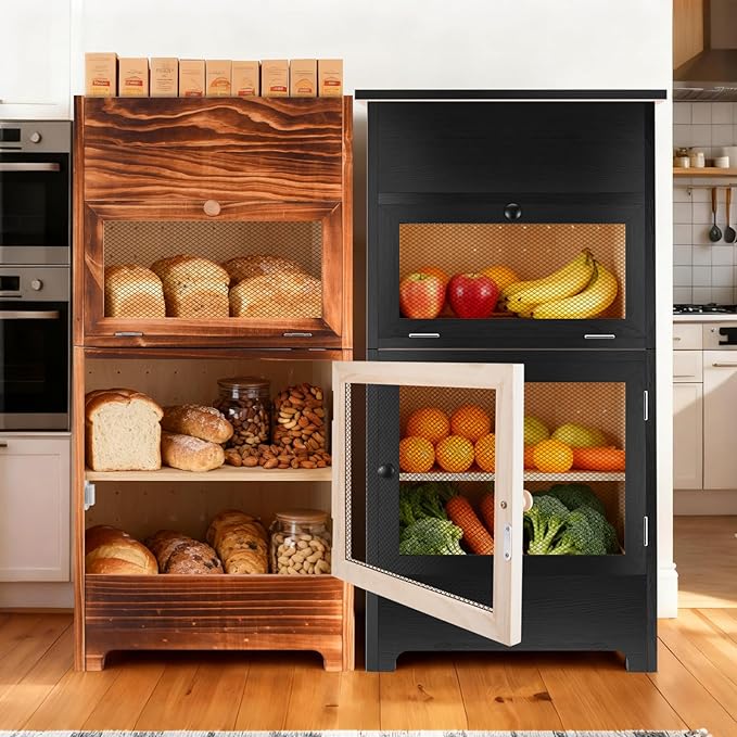 Large Potato and Onion Storage Bin - Wooden Stackable Bread Storage Box with Lid & Mesh Doors, Decorative Fruit and Vegetable Organization Cabinet for Kitchen, 15.75"W x 10.7"D x 33.5"H (Rustic Color)