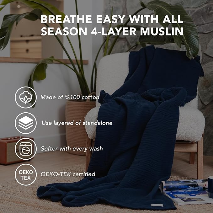 Goqan Muslin Blanket King Size 90x108 – 100% Turkish Cotton 4 Layer Boho Muslin Blanket for Adults, Four Season, Lightweight and Thin, Soft, Breathable for Bed, Couch - Navy