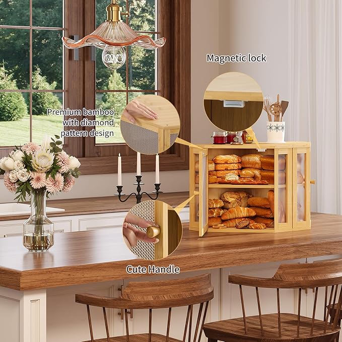 Corner Bread Box for Kitchen Countertop,Bread Storage for Homemade Bread, Double Layer Large Bamboo Kitchen Storage Bin with Window (Natural, Medium)