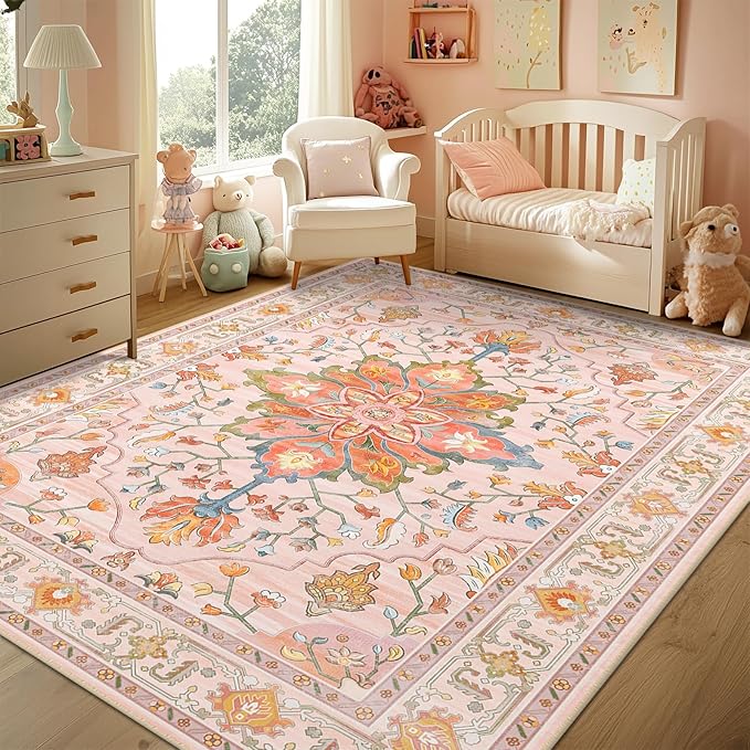 RELEANY Area Rugs 8'x10' Washable Non-Slip, Floral Vintage Distress Print Pattern Medallion Carpet for Living Room Bedroom Dining Room, Light Pink Colorful