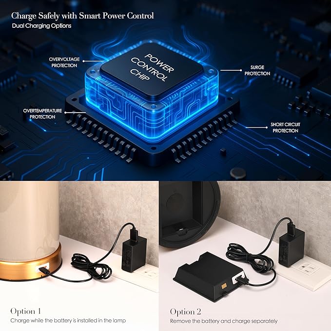 O’Bright Dune - Battery Powered Table Lamp, Rechargeable Cordless Ceramic Lamp, Full-Size 19.5 Inch Height, Dimmable, Smart Safety Protection, Type-C Fast Charging, LED Bulb Included, Cream White