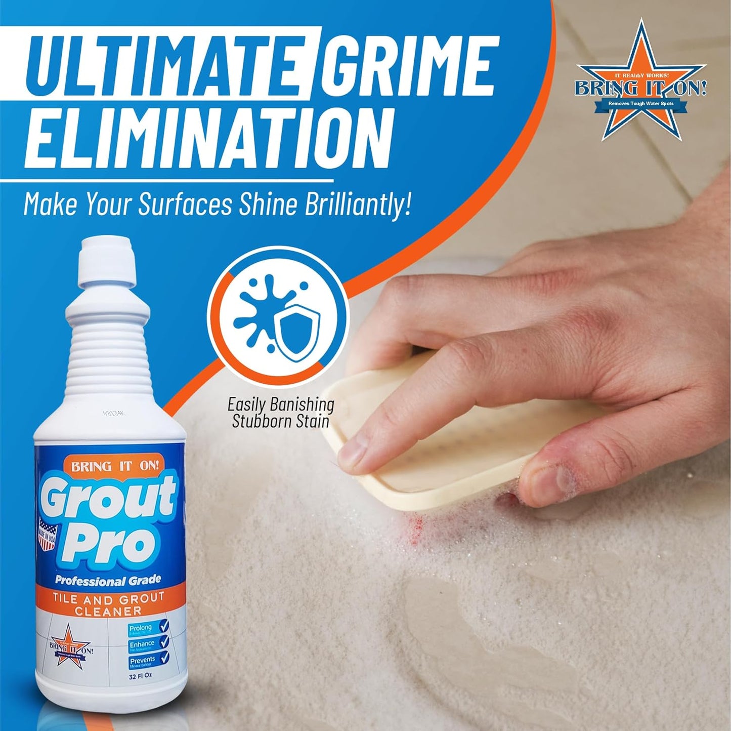 Bring It On Grout Cleaner with Grout Cleaning Brush – 32Fl Oz Grout Cleaner for Shower Tile Includes 9-inch Heavy-Duty Grout and Tile Floor Cleaner Brush – Effectively Removes Mineral Deposits