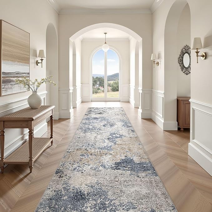 Hallway Washable Runner Rug: 3x8 Abstract Modern Soft Stain Resistant Non-Slip Backing Runner for for Entryway Kitchen Laundry - Blue Brown