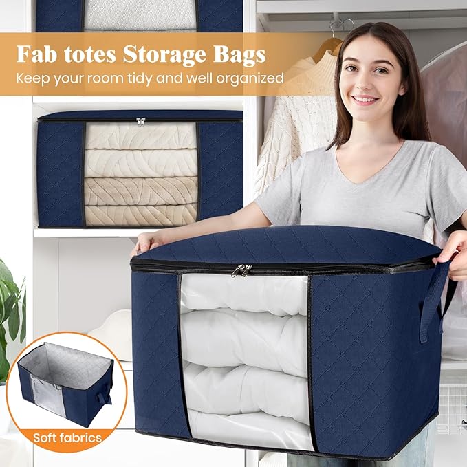 Fab totes 24 Gallons Clothes Storage,Foldable Thick Fabric Blanket Storage Bags,Containers for Organizing Bedroom, Closet, Clothing, Comforter,Organization with Handle (6 Pack,Blue)