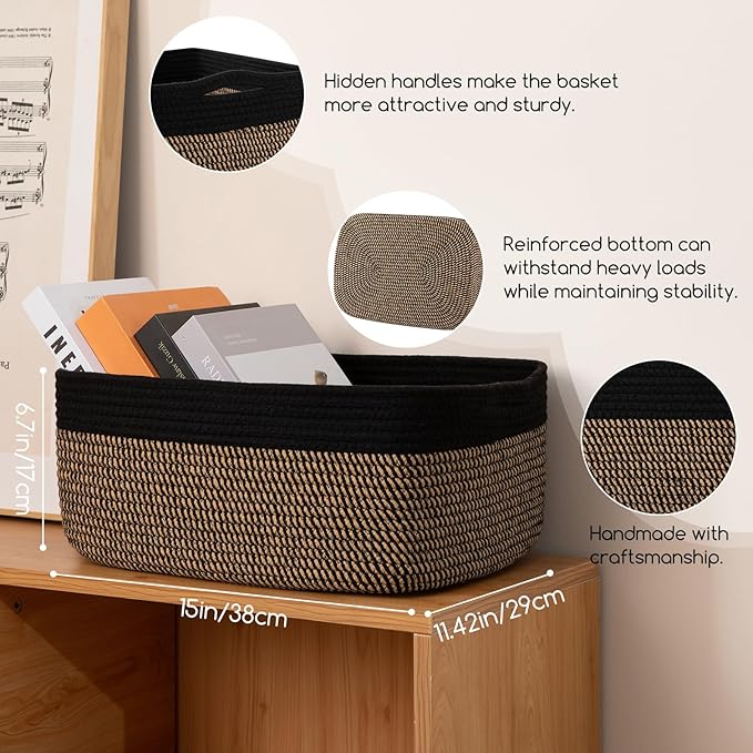 OIASKET Storage Baskets for Organizing 3 Pack, Woven Baskets for Shelves, Closet Organizer Bins Empty Gift Basket Toy Storage for Toys, Books, Towels, Clothes, 15"x11.42"x6.7", Black & Yellow