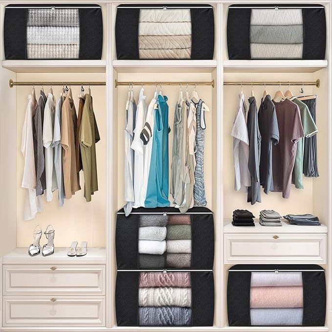 Fab totes 24 Gallons Clothes Storage, Foldable Thick Fabric Blanket Storage Bags, Containers for Organizing Bedroom, Closet, Clothing, Comforter, Organization with Handle (4 Pack,Black)