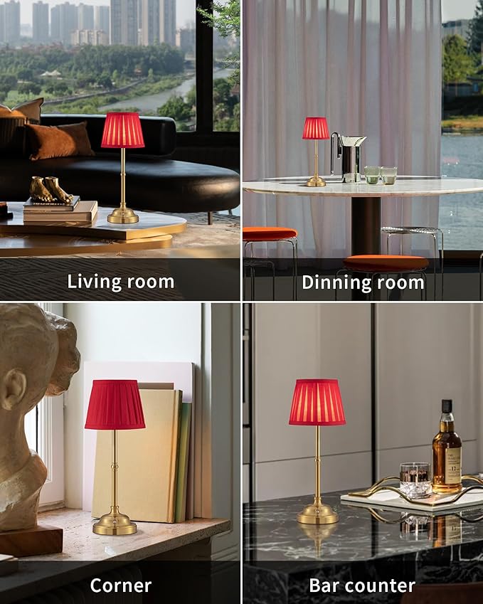 KDG Cordless LED Table Lamp Set of 2, Portables Fabric Shade Desk Lamps, 4000mAh Rechargeable Battery Powered Lighting, Dimmable Light for Dining Room, Bedroom, Bedside, Night Light, Balcony (Red)