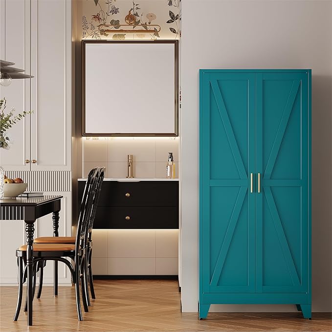 61" Tall Compact Storage Cabinet, Space-Saving 27.5" Wide Pantry in Blue with 2 Doors & 3 Shelves,Freestanding for Small Kitchen, Apartment, Narrow Hallway
