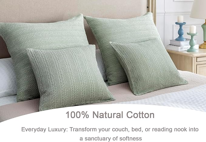 COCOPLOCEUS Sage Green Pillow Covers 18x18 Boho Throw Pillow Covers Set of 2 Decorative Pillow Shams Stone Washed Cotton Pillowcase for Couch Sofa Chair Bed Car