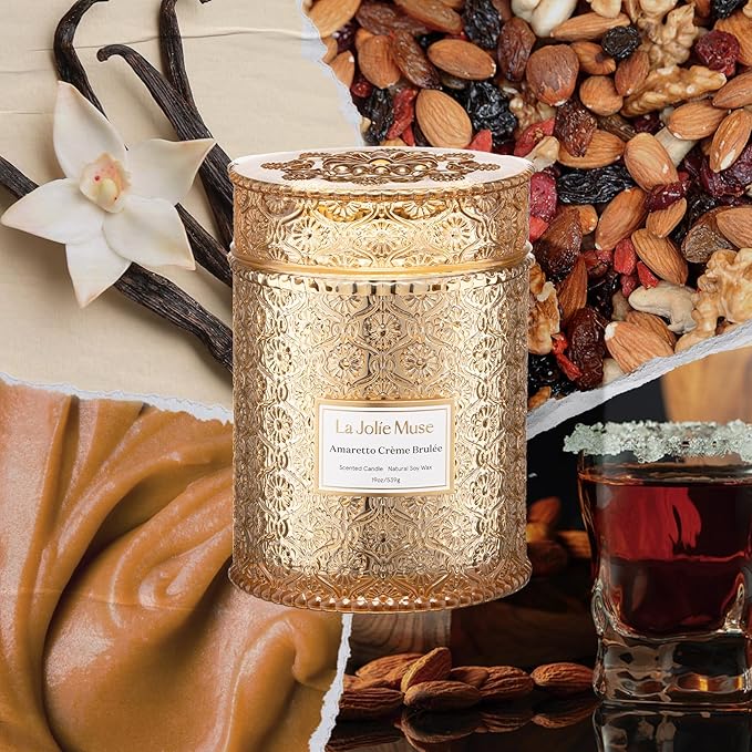 LA JOLIE MUSE Amaretto Crème Brûlée Scented Candle | Almond Liqueur, Dried Fruit & Caramel | 19 oz Wooden Wick | 90 Hours Clean Burn | Candle Gift for Hosts | Elegant Home Decor