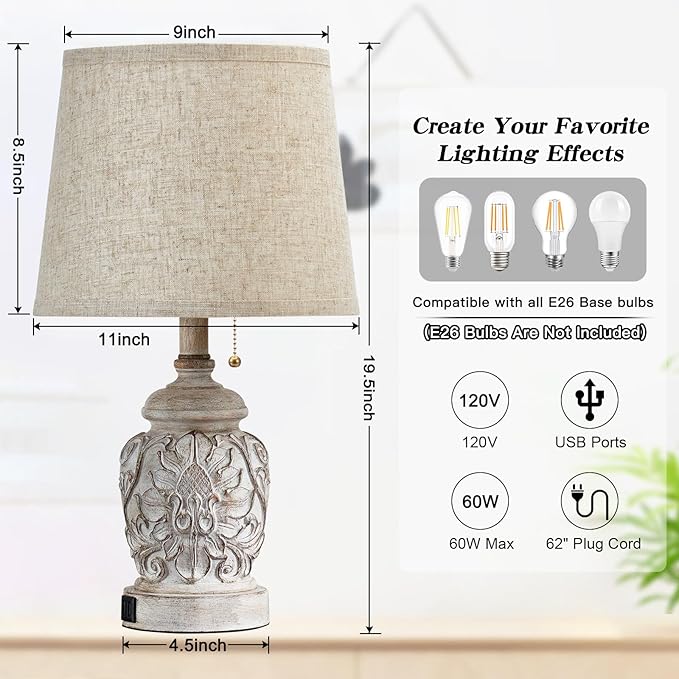 Fullarge 19.5" Vintage Rustic Table Lamp Set of 2 Farmhouse Table Lamps for Living Room Bedroom Decor with USB Ports Traditional Carved Floral White Bedside Night Light Lamps with Pull Chain Switch