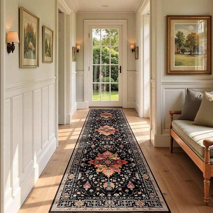 RELEANY Area Rugs 2'x7' Runner Rug Non Slip Washable for Kitchen Hallway Bedroom Beside Laundry Room Bathroom Rug, Floor Carpet, Black Colorful Floral Dark Tan