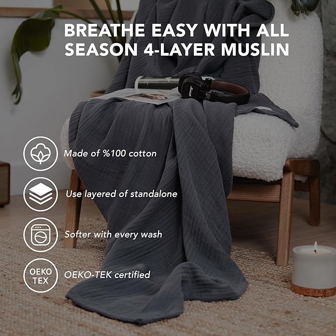 Goqan Muslin Blanket Twin 55x79 – 100% Turkish Cotton 4 Layer Boho Muslin Blanket for Adults, Four Season, Lightweight and Thin, Soft, Breathable - Dark Grey