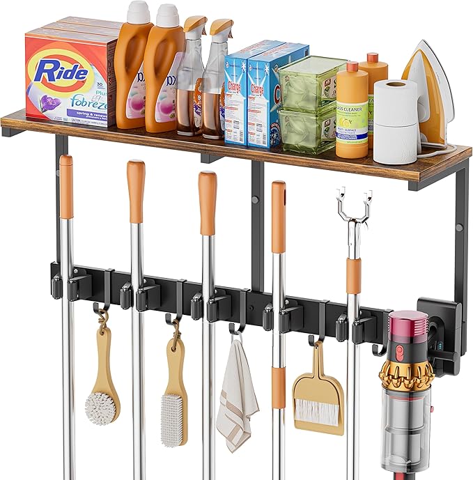 Broom Holder Wall Mount with Cleaning Supplies Organizer, Laundry Room Organization and Storage Shelves with Mop Hanger Rack Gripper Hooks, Utility Shelf Closet Organizer for Home Garage Kitchen