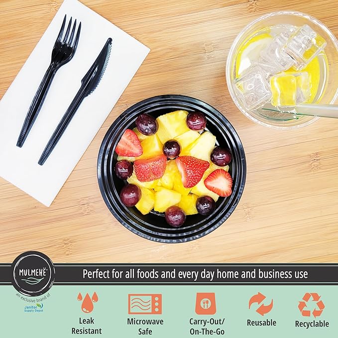 MULMEHË Plastic Food Storage Take-Out Container and Lid Combo, 16 oz, Microwaveable, Round, Black, 6x1.5”, Set of 150