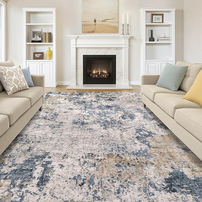 Area Rugs for Living Room: 10x14 Abstract Washable Rug Large Soft Stain Resistant Non-Slip Backing for Bedroom Dining Room Indoor Home Office Carpet for Kids Pet Friendly Families - Blue Brown