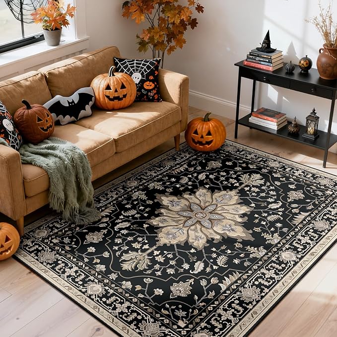 RELEANY Area Rugs 4'x6' Washable Non-Slip, Floral Vintage Distress Print Pattern Medallion Carpet for Living Room Bedroom Dining Room, Black Brown Neutral Dark Tan