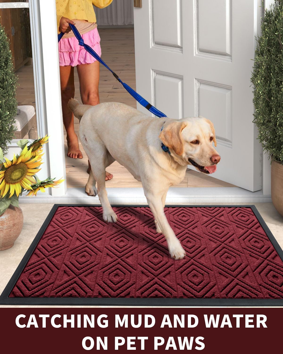 Yimobra Door Mat, Outdoor Indoor Entrance Welcome Mat, Heavy Entry Front Door Mat, Stain & Fade Resistant, Low Profile, Sturdy Rubber, Easy Clean Patio Floor Mat, Waterproof, 47 x 24, Wine Red
