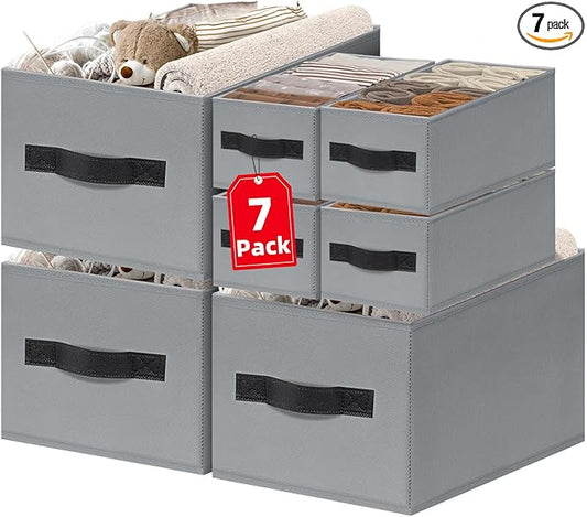 7 Pack Closet Organizers Bins, 2 Sizes Closet Shelf Organizer with Handles - Fabric Home Organization and Storage Baskets for Organizing Clothes Toys Blanket Towel Purse