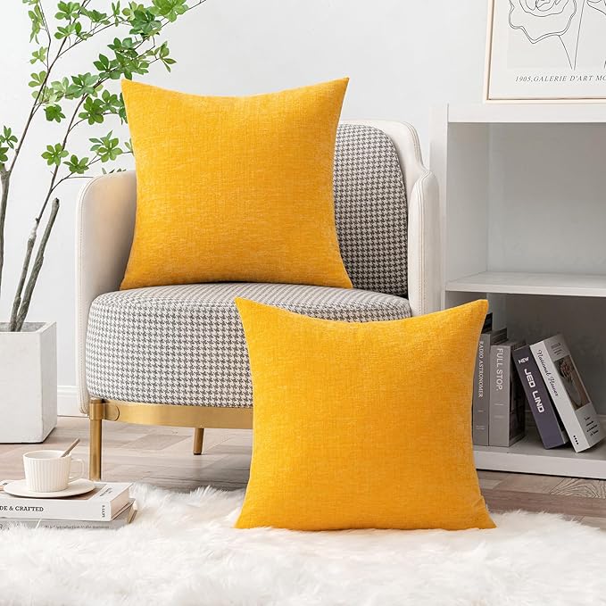 MIULEE Pack of 2 Couch Throw Pillow Covers 18x18 Inch Soft Goose Yellow Chenille Pillow Covers for Sofa Living Room Spring Home Decor Couch Solid Dyed Cases