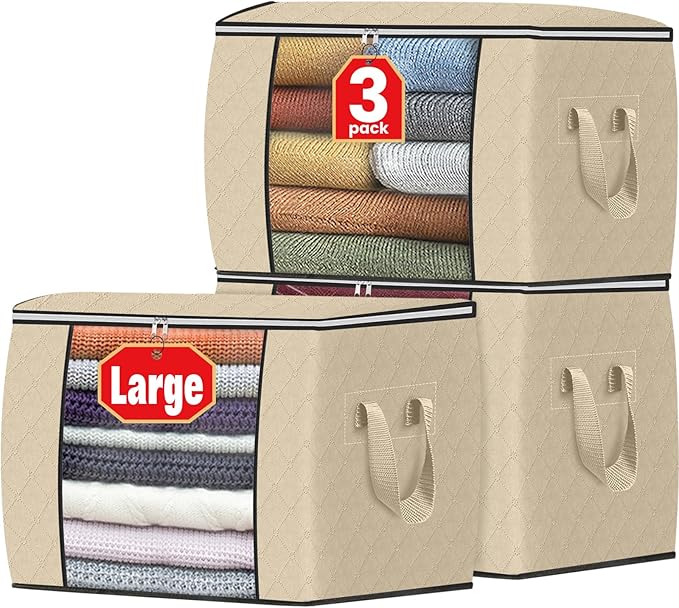 Fab totes 24 Gallons Clothes Storage, Foldable Thick Fabric Blanket Storage Bags, Containers for Organizing Bedroom, Closet, Clothing, Comforter, Organization with Handle (3 Pack,Beige)