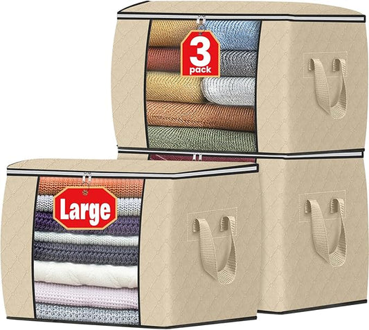 Fab totes 24 Gallons Clothes Storage, Foldable Thick Fabric Blanket Storage Bags, Containers for Organizing Bedroom, Closet, Clothing, Comforter, Organization with Handle (3 Pack,Beige)