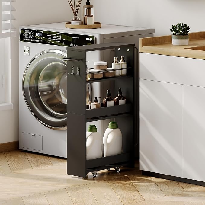 ChooChoo 4-Tier Slim Storage Cart with Handle, 5.51" W Rolling Utility Cart on Universal Wheels, Kitchen Cart Mobile Shelving Organization for Laundry Room, Bathroom & Narrow Places, Black