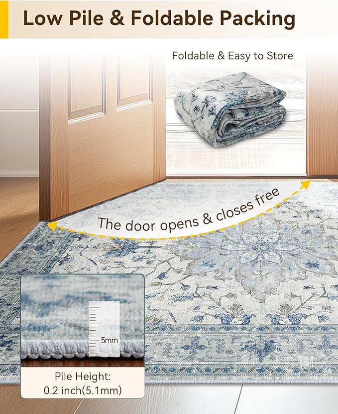 RELEANY Area Rugs 3'x5' Washable Non-Slip, Floral Vintage Distress Print Pattern Medallion Carpet for Living Room Bedroom Dining Room, Light Blue Navy Beige Gray White