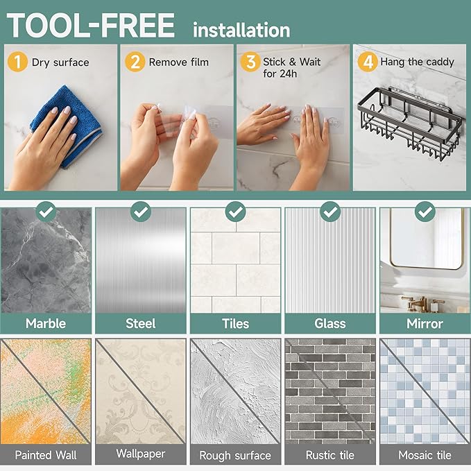 Veken Shower Caddy 6-Pack, Advanced Rustproof Design, No Drilling Adhesive Shelves, Rack with Soap Holder, Large Capacity Bathroom Organizers and Storage, Wall-Mounted Kitchen & Home Decor