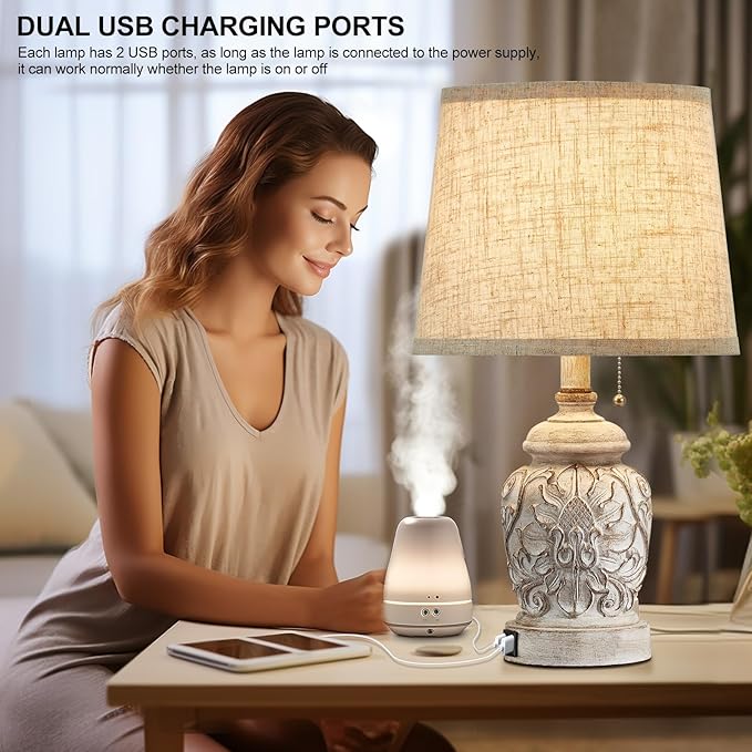 Fullarge 19.5" Vintage Rustic Table Lamp Set of 2 Farmhouse Table Lamps for Living Room Bedroom Decor with USB Ports Traditional Carved Floral White Bedside Night Light Lamps with Pull Chain Switch