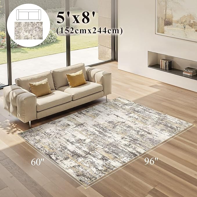 Area Rugs for Living Room: 5x8 Abstract Washable Rug Modern Neutral Large Soft Stain Resistant Non-Slip Backing Machine Table for Bedroom Dining Room Indoor Home Office Carpet - Gold Brown